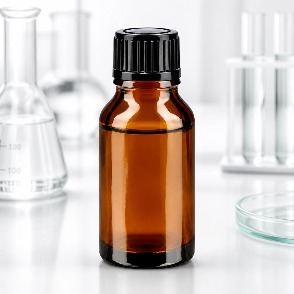 Frasco de farmácia castanho 15ml com tampa de rosca preta standard Frasco de farmácia de 15 ml em vidro castanho com tampa de rosca preta no laboratório, entre os frascos de Erlenmeyer