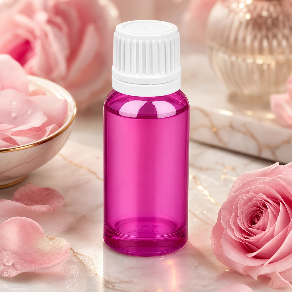 Frasco de 20ml com tampa de rosca de 11mm branca Originalidade tampa de rosca PurpleLine UT18/20 Frasco de aromaterapia roxo de 20 ml com tampa branca com conta-gotas entre rosas cor-de-rosa e cosméticos