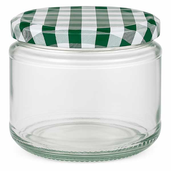 Frasco redondo de 330 ml com tampa BasicSeal axadrezada verde e branca, frasco de conserva vazio para alimentos e conservas