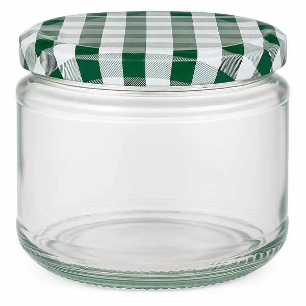 330ml Rundglas + BasicSeal Deckel grün/weiß UNiTWIST Frasco redondo de 330 ml com tampa BasicSeal axadrezada verde e branca, frasco de conserva vazio para alimentos e conservas
