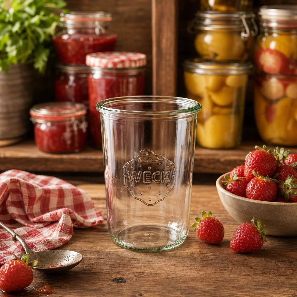 Copos de vidro de 850 ml WECK RR100 Frasco de vidro WECK RR100 de 850 ml transparente com logótipo numa mesa de madeira ao lado de morangos frescos e frascos de compota