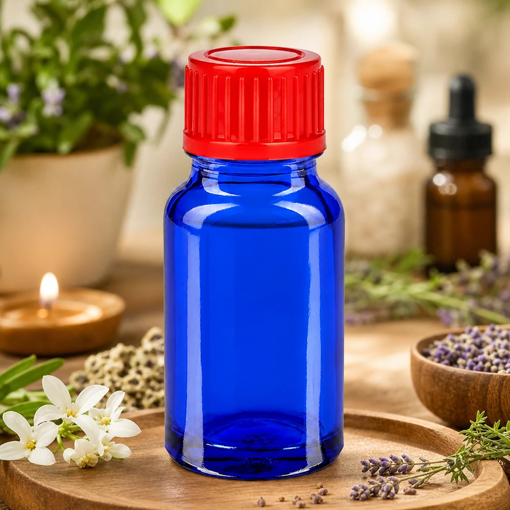 Frasco de 10ml com tampa de rosca de 11mm vermelho standard BlueLine UT18/10 Frasco de vidro BlueLine de 10 ml com tampa vermelha com nervuras para uma óptima aderência e manuseamento
