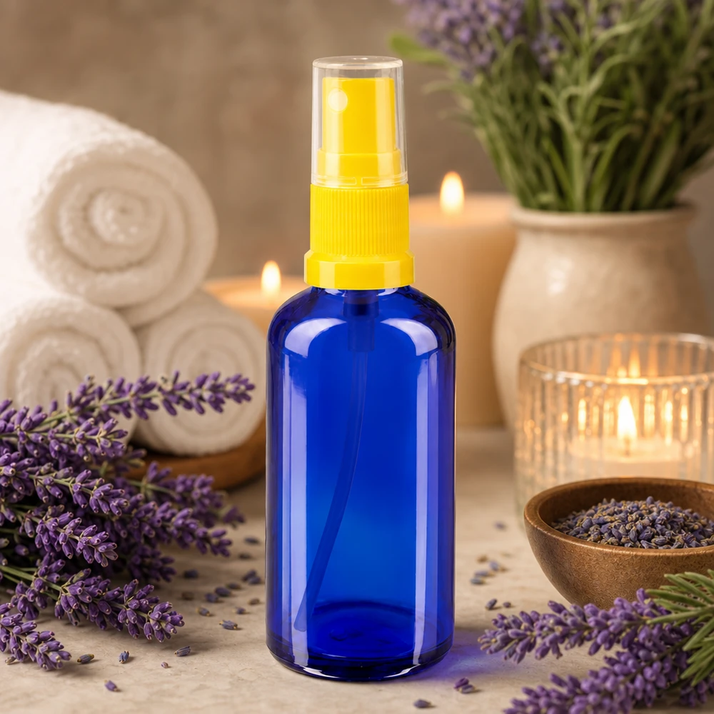 Frasco azul de farmácia com pulverizador de 50 ml, com cabeça de pulverização transparente, entre flores de lavanda e velas
