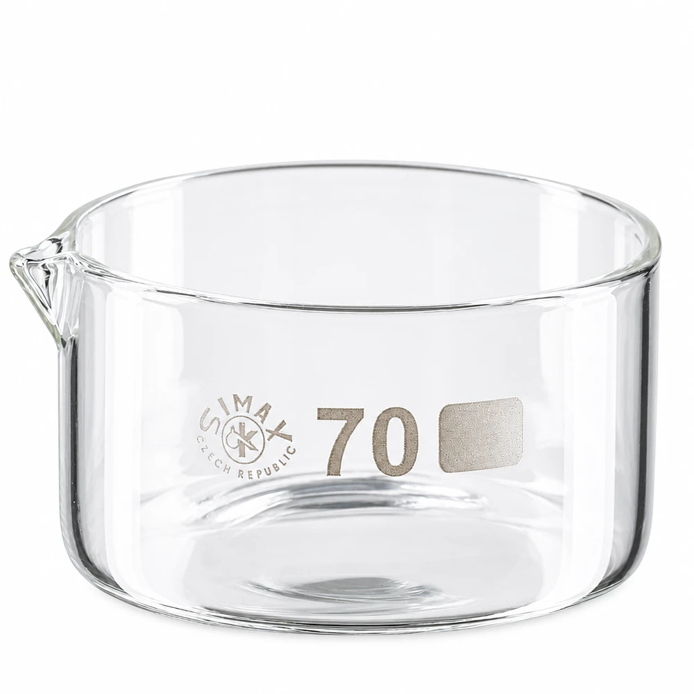 Prato de cristalização de 100ml com bico em borosilicato ø70mm Taça de cristalização de 100 ml em vidro borossilicato com bico, diâmetro de 70 mm, da Simax Czech Republic