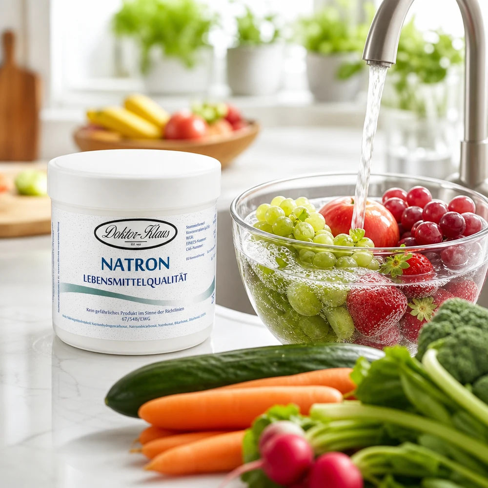 Natron Doctor Klaus 250g para lavar frutas e legumes na cozinha
