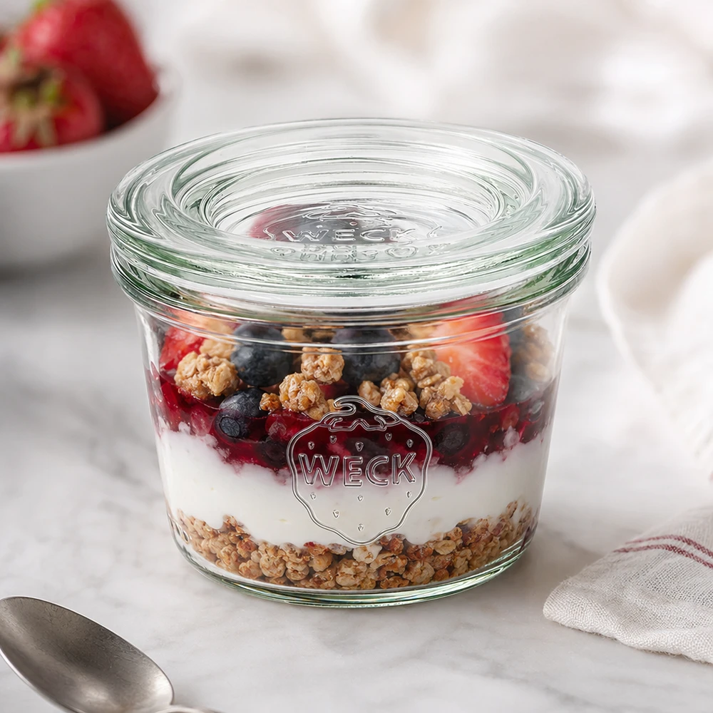 Frasco de vidro WECK 35ml RR40 com muesli de iogurte e frutos silvestres como sobremesa num frasco decorado num prato de mármore branco