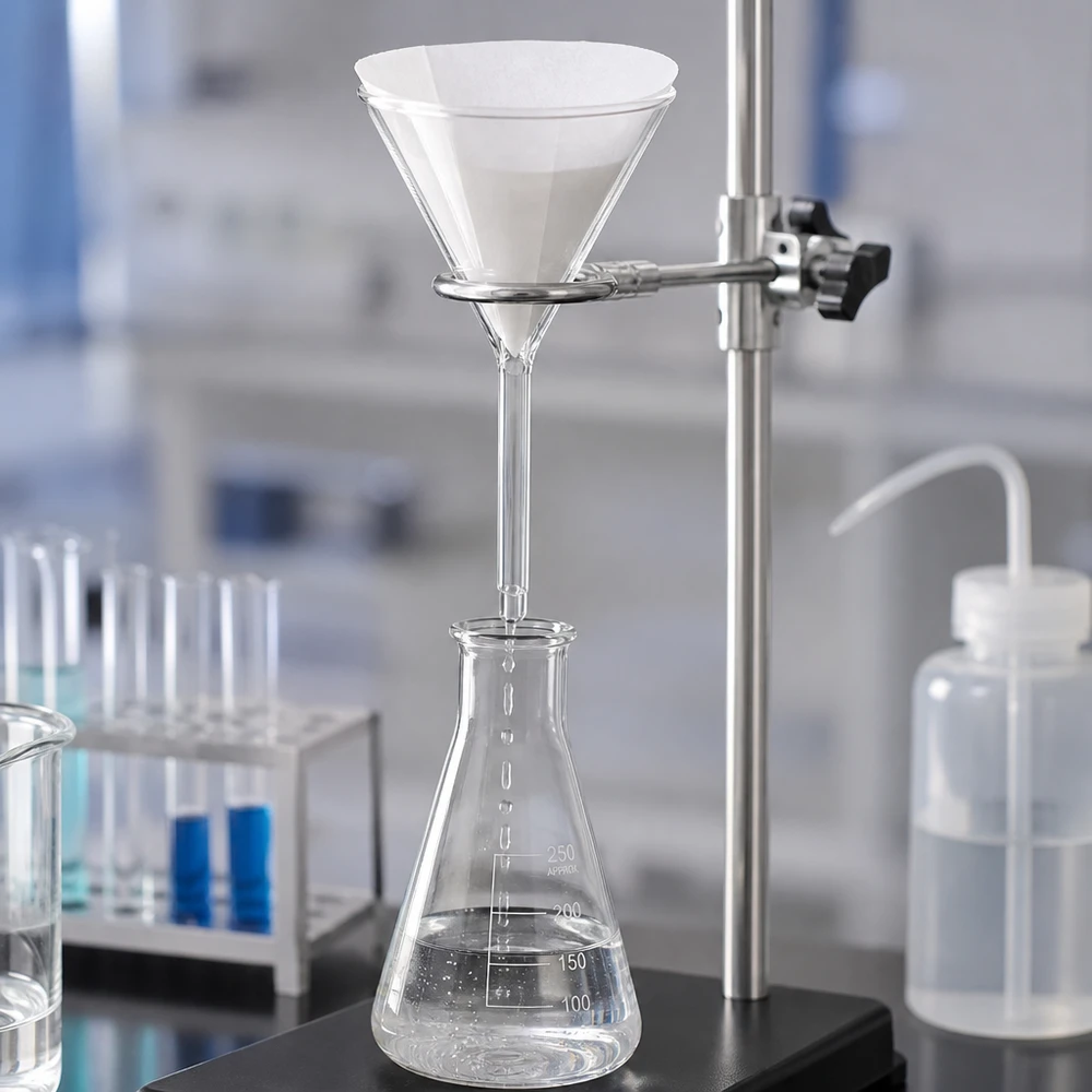 Funil de haste curta de 100 mm, em vidro de cal e soda resistente, para análises químicas e experiências laboratoriais