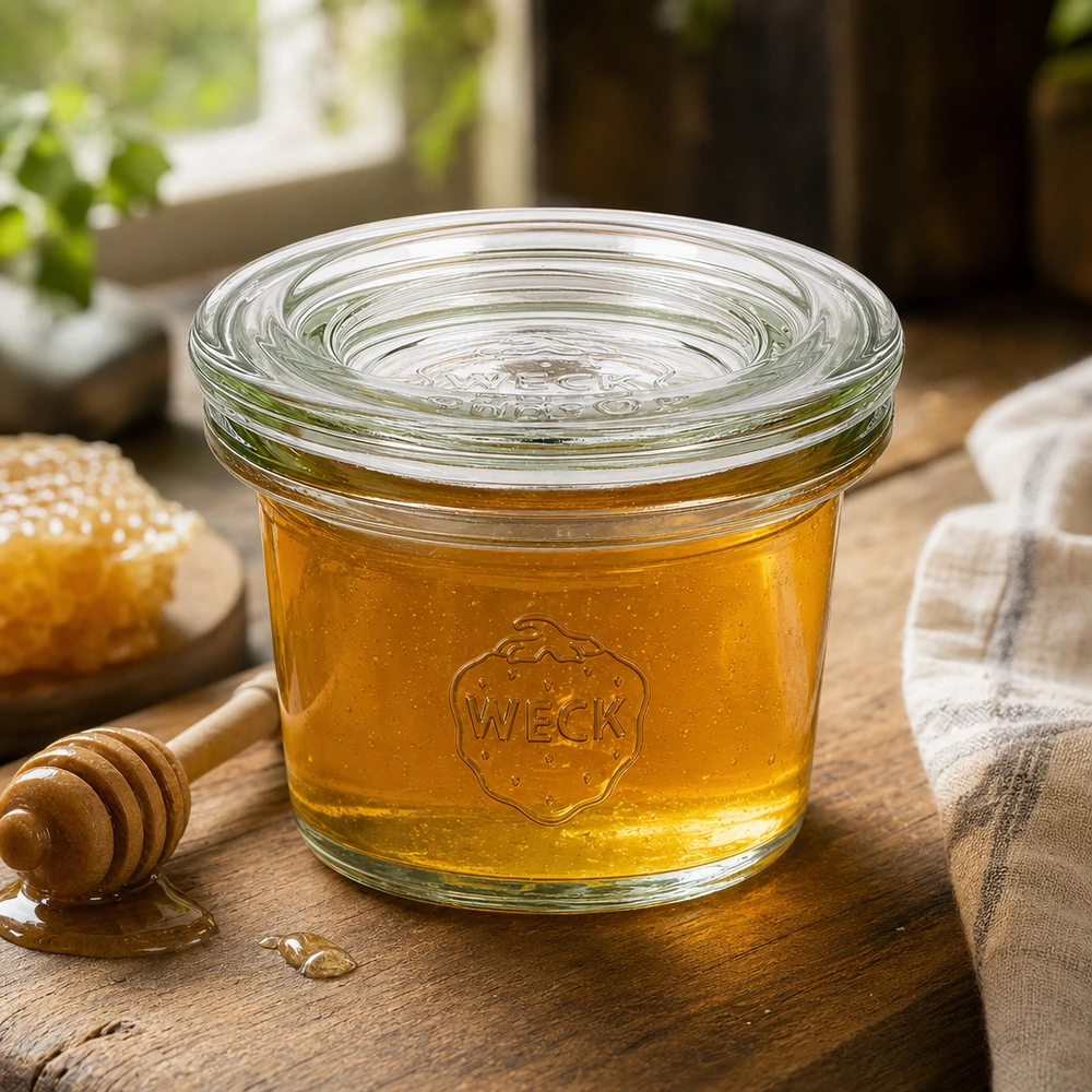 Frasco WECK 35ml RR40 cheio de mel numa tábua de madeira com colher de mel e favo de mel num ambiente natural