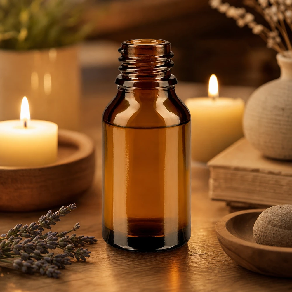 Frasco conta-gotas 15 ml DIN 18 de vidro âmbar Frasco de boticário ApoGlas castanho de 15 ml à luz de velas quentes com ramos de alfazema e acessórios de spa numa superfície de madeira