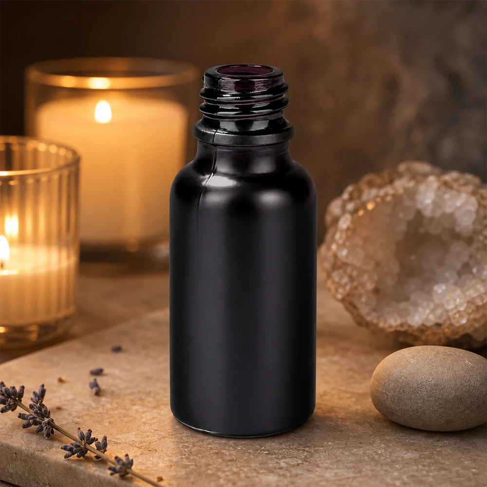 Frasco de vidro preto de 20 ml BlackLine UT18/20 com superfície fosca para óleos aromaterapêuticos