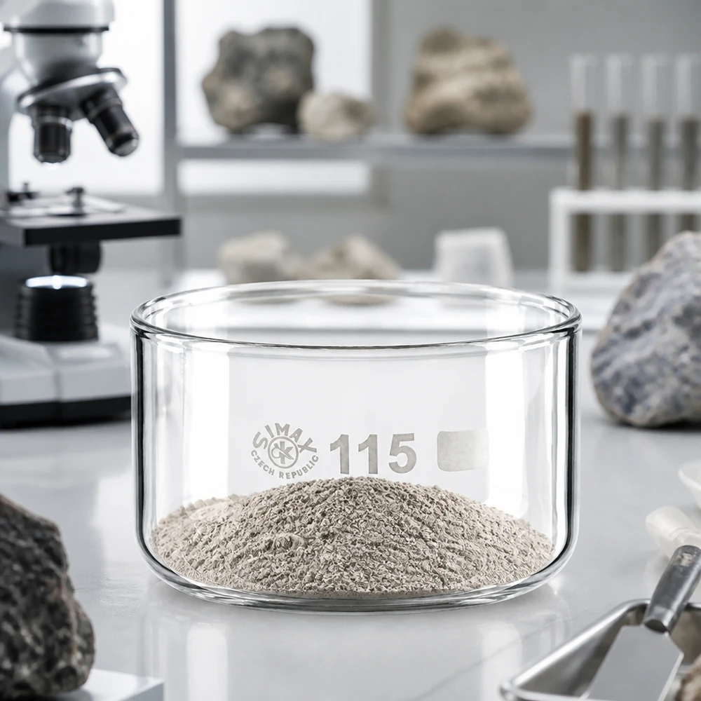 Cristaleira de 500ml sem bico em borosilicato ø115mm Bandeja de cristalização SIMAX de 500 ml com pó mineral cinzento sobre uma bancada de laboratório branca