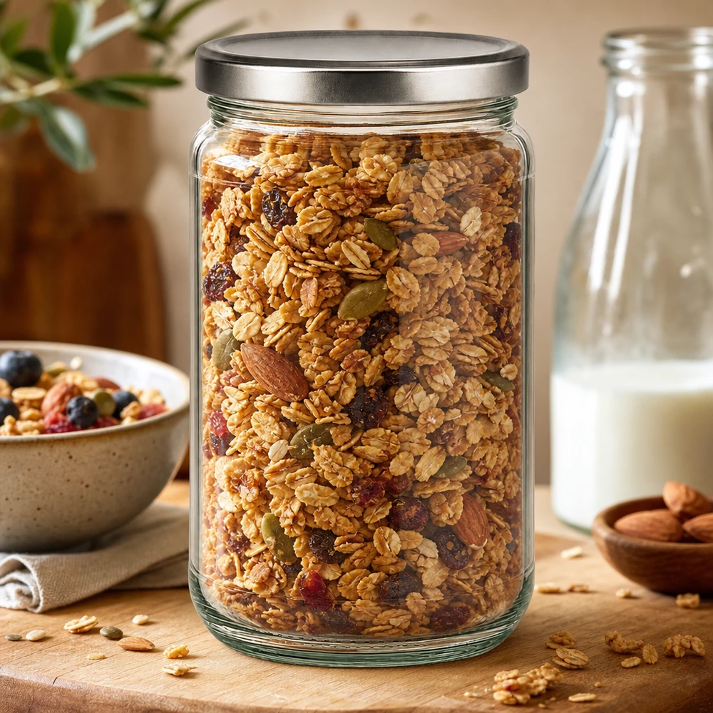 Frasco redondo de 305 ml com tampa BasicSeal prateada cheio de muesli e nozes como frasco de arrumação na cozinha natural