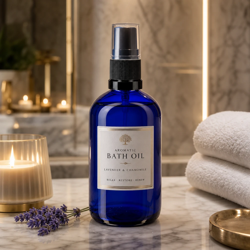 Frasco de spray azul de 100 ml em vidro de farmácia com etiqueta «Aromatic Bath Oil» sobre fundo de mármore