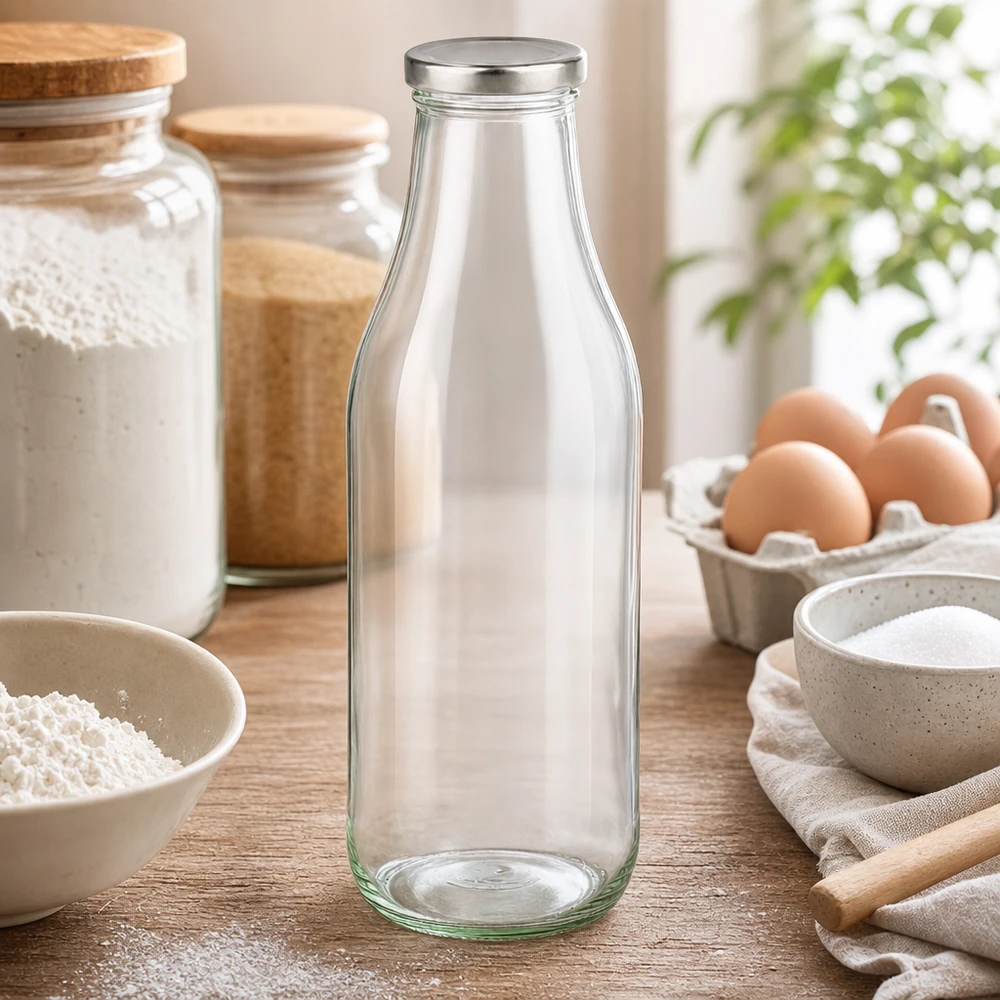 Frasco de vidro de 1000 ml + tampa BasicSeal prateada UNiTWIST Glasflasche 1000ml in stilvoller Küchenumgebung mit Backzutaten und Dekoration für den täglichen Gebrauch