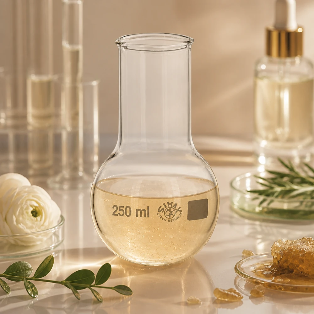 Balão transparente de fundo redondo e gargalo largo de 250 ml, ideal para destilação e síntese no laboratório