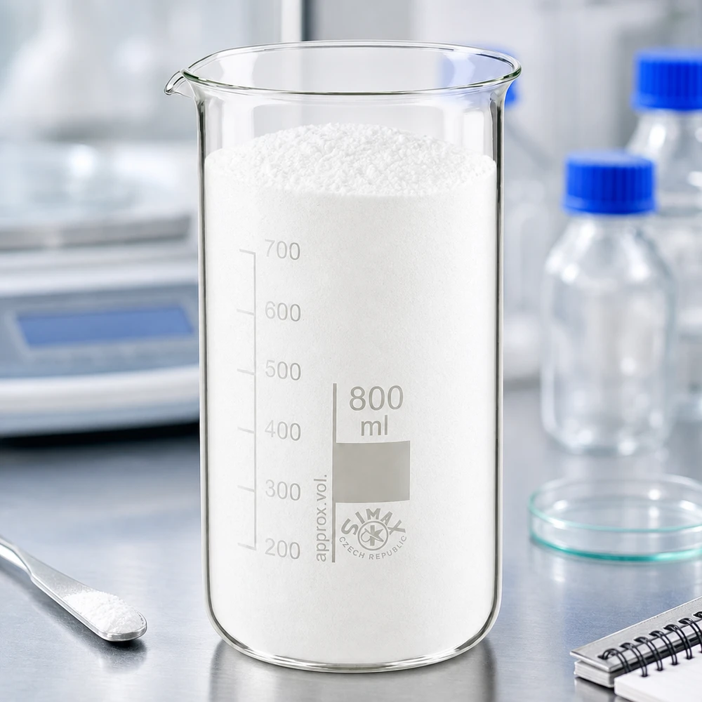 Copo de vidro de 800 ml, de formato alto, cheio de pó branco, sobre uma balança de laboratório, em mesa de aço inoxidável SIMAX