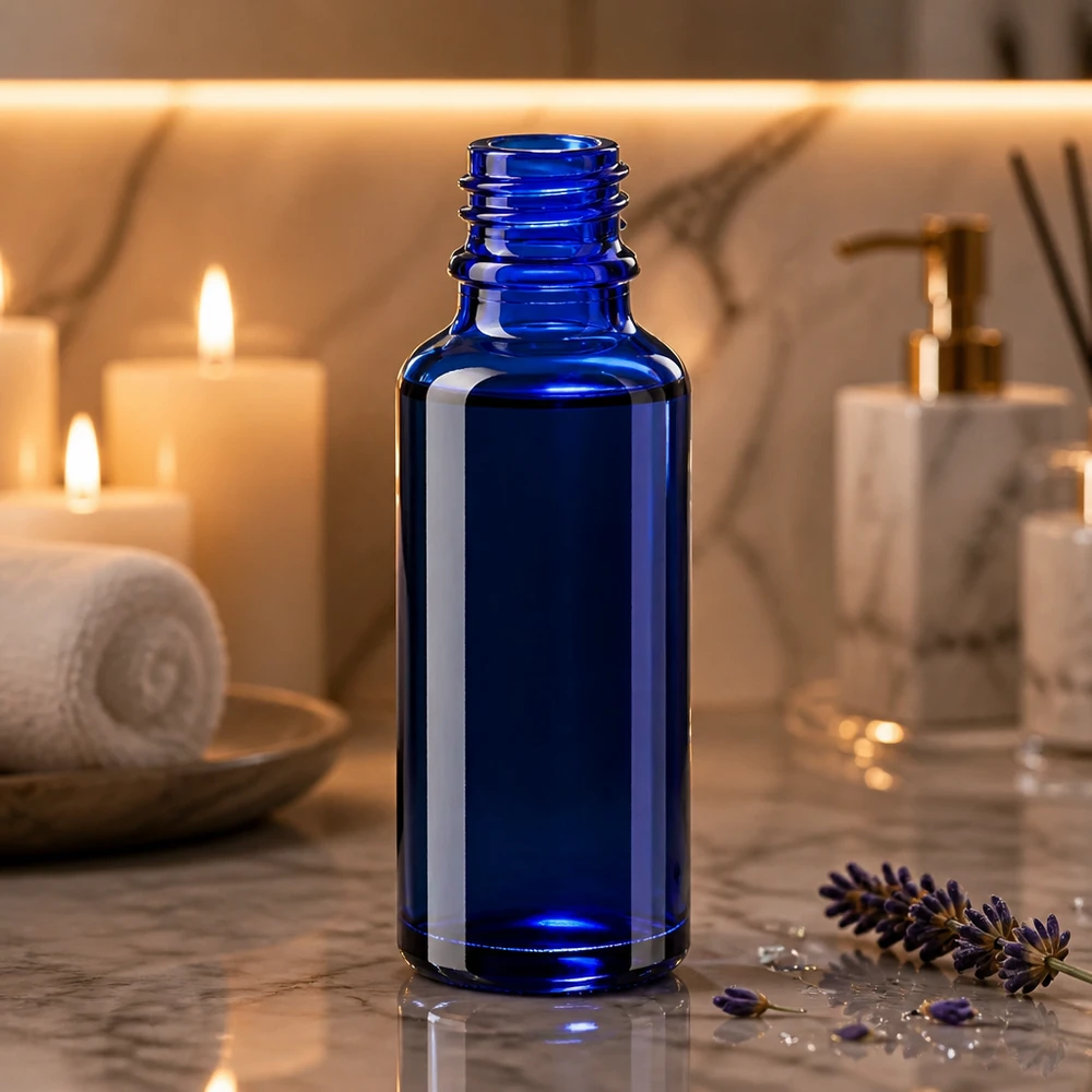 Frasco de vidro azul ApoGlas de 30 ml sobre mármore, com lavanda e velas num ambiente de spa