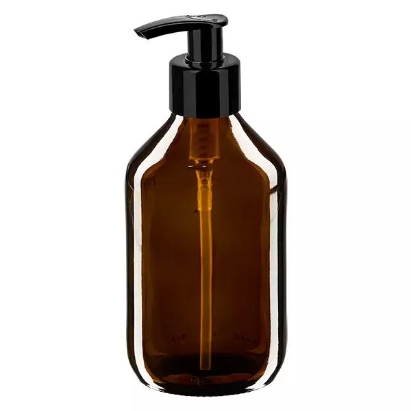 Frasco de medicamento de 250ml castanho, com bomba dispensadora preta ApoGlas Frasco de medicamento de 250ml castanho, com bomba dispensadora preta ApoGlas
