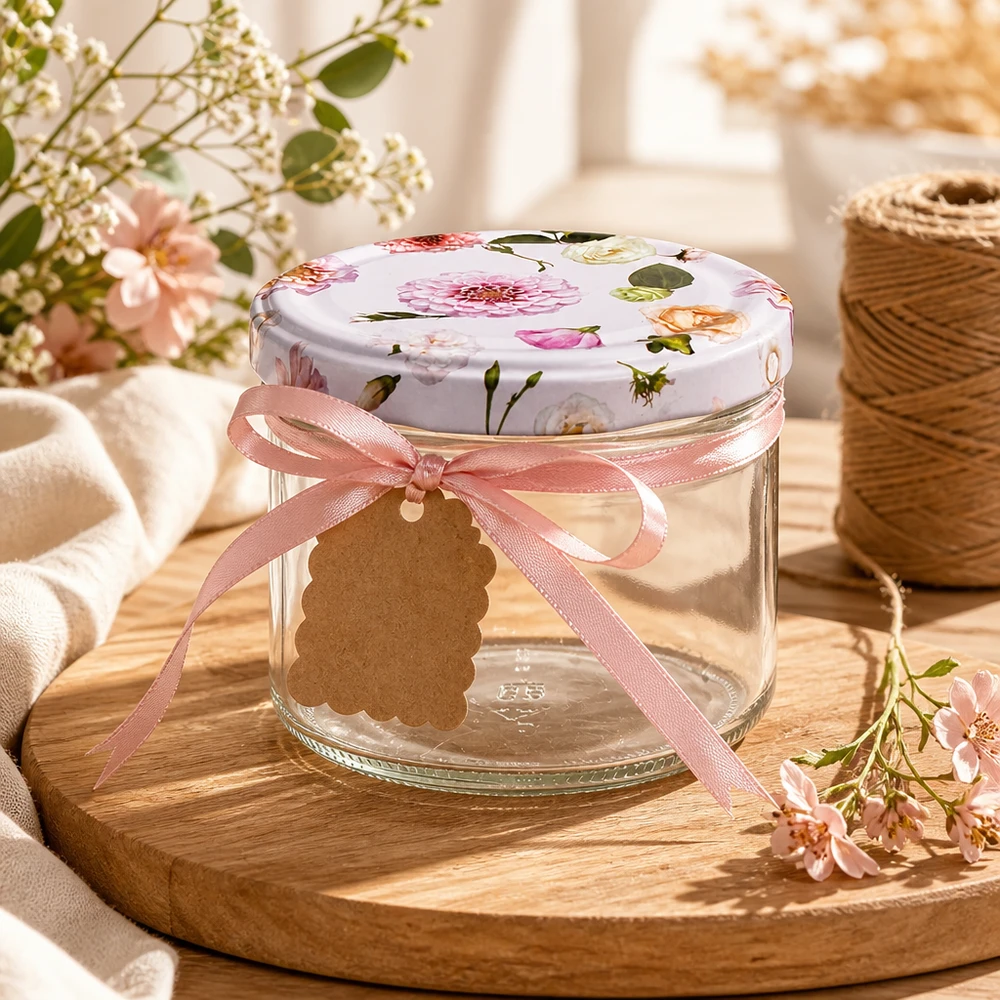 Copos de vidro de 225 ml + tampa BasicSeal flor rosa UNiTWIST Frasco de vidro de 225 ml com tampa de flor cor-de-rosa, decorado com um laço e uma etiqueta de oferta num tabuleiro de madeira