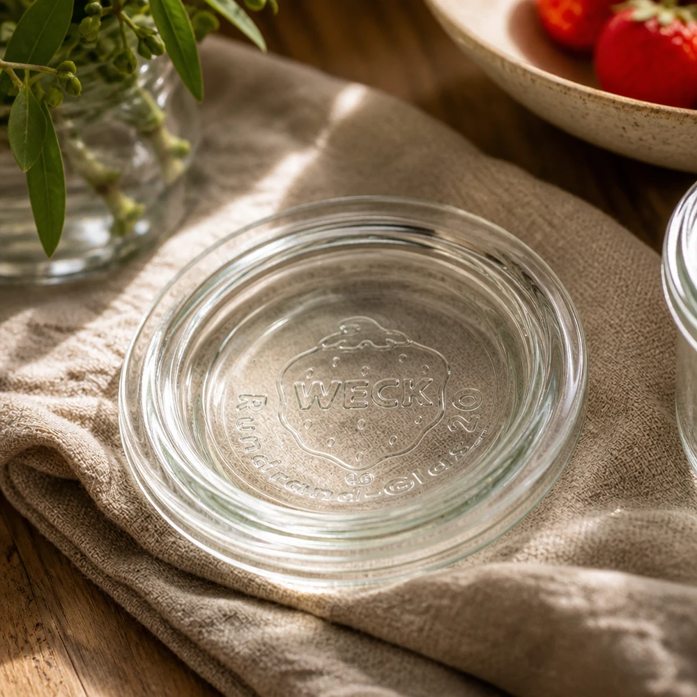 Tampa de frasco WECK RR40 em toalha de cozinha com decoração - apresentação elegante para uma conservação sustentável