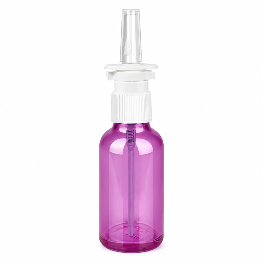 Frasco de spray nasal de 30ml branco/transparente padrão PurpleLine. UT18/30 Frasco de spray nasal de 30 ml em roxo transparente com cabeça de spray branca para aplicações médicas