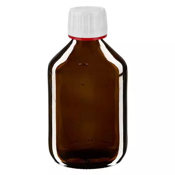 Frasco de medicamento de 300ml castanho, tampa branca com anel inviolável vermelho ApoGlas Frasco de medicamento de 300ml castanho, tampa branca com anel inviolável vermelho ApoGlas