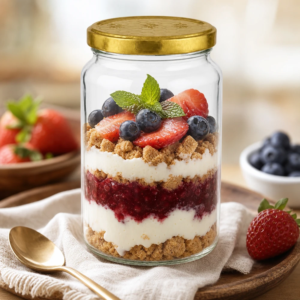 Copo redondo de 795 ml com tampa dourada como copo de sobremesa para um doce de frutos silvestres com iogurte e granulado