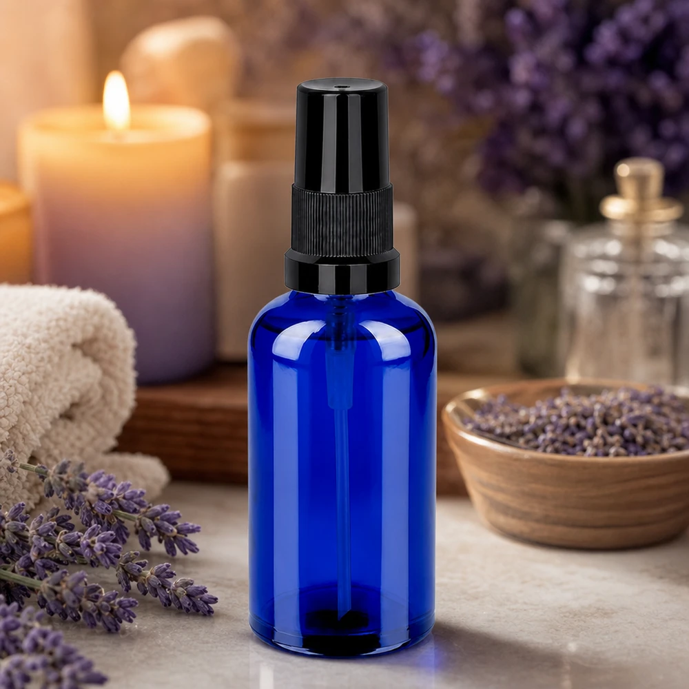 Frasco spray preto de 50ml com tampa standard BlueLine UT18/50 Frasco de spray compacto de 50 ml em azul elegante com cabeça de spray ergonómica para um manuseamento fácil