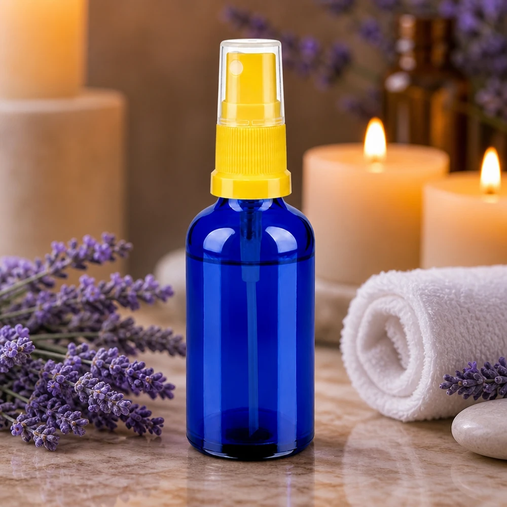 Frasco de spray compacto de 50 ml em azul-cobalto com mecanismo de bomba transparente para uma dosagem precisa