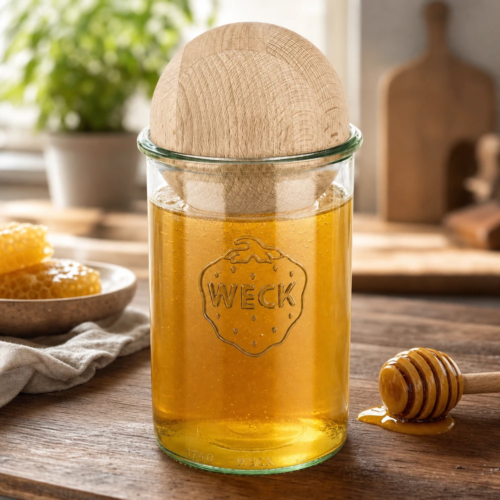 Copos WECK de 1000 ml cheios de mel e tampa de bola de faia, colher de mel e favo de mel numa mesa de madeira em cozinha natural