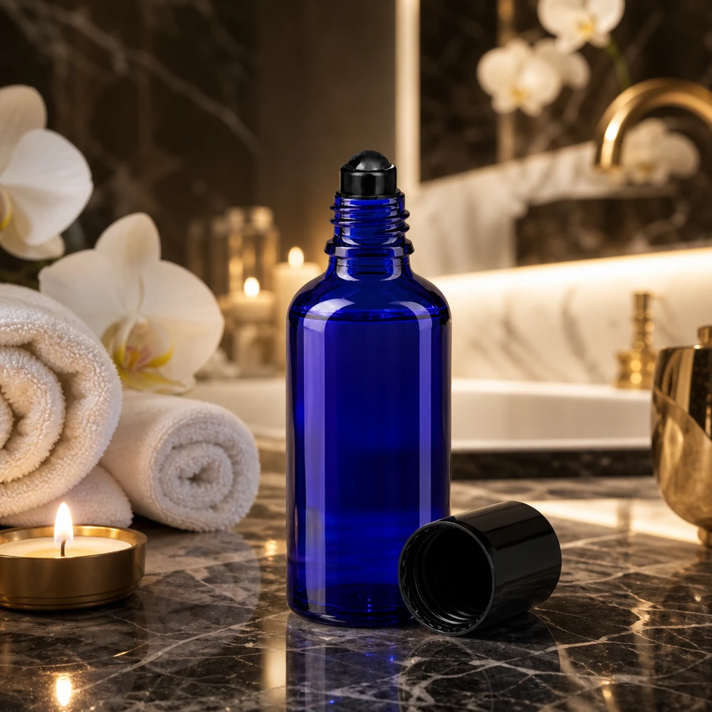 Frasco de vidro azul de farmácia de 50 ml com aplicador roll-on num ambiente de casa de banho luxuoso