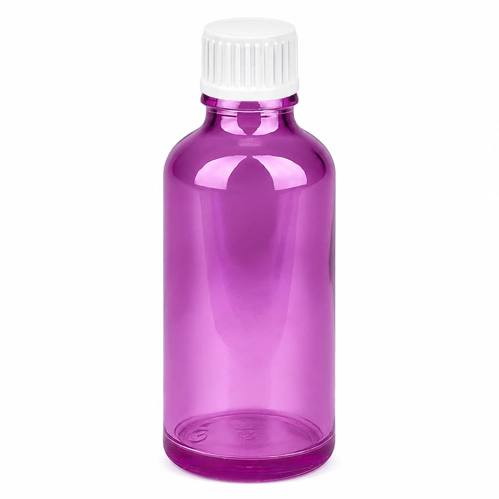 Frasco conta-gotas de 50ml 0,9mm branco padrão PurpleLine. UT18/50 Frasco conta-gotas de 50 ml transparente púrpura com tampa branca para uma dosagem precisa