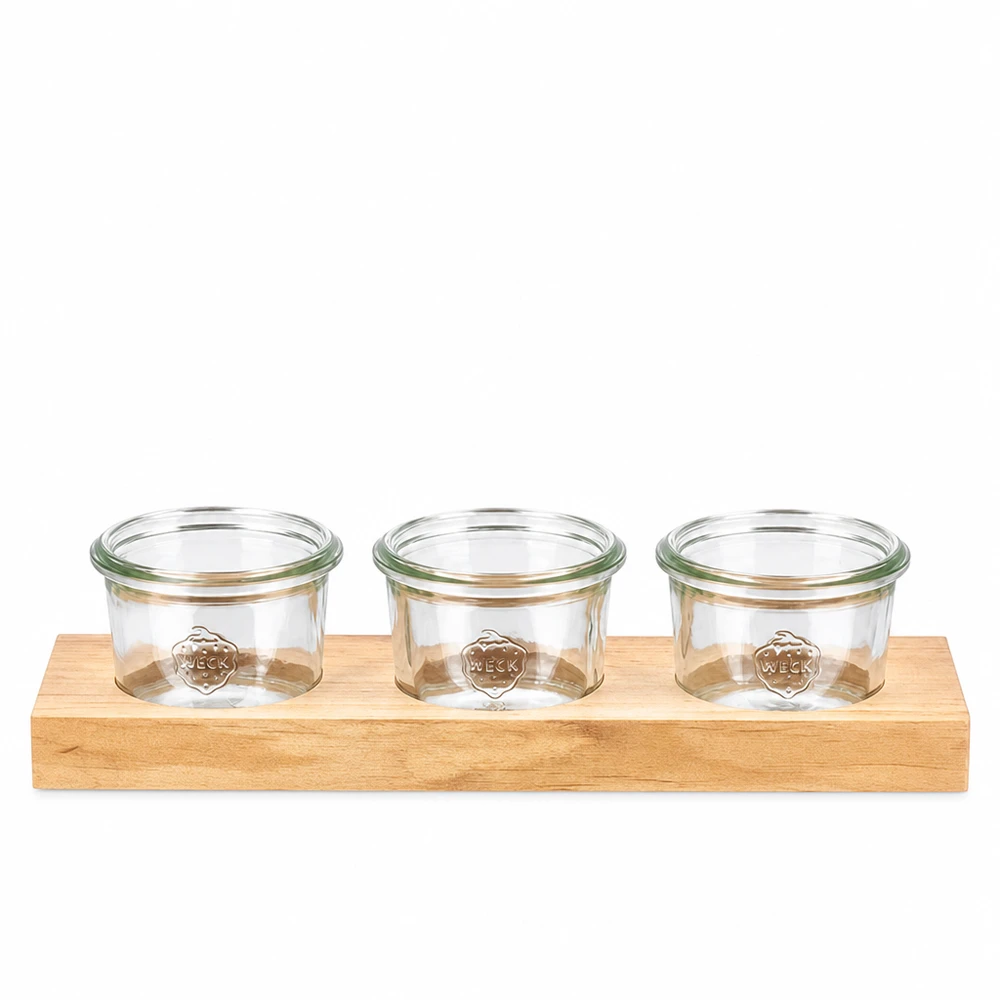 Tábua de servir Plano3 com 3 copos Weck de 80 ml Tábua de servir em madeira Plano3 com 3 copos Weck de 80 ml para molhos, condimentos e snacks