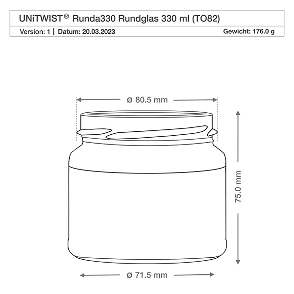 Frasco redondo de 330ml sem tampa (TO82) UNiTWIST UNiTWIST Runda330 vidro redondo 330ml TO82 desenho técnico com dimensões diâmetro 71,5mm altura 75mm peso 176g