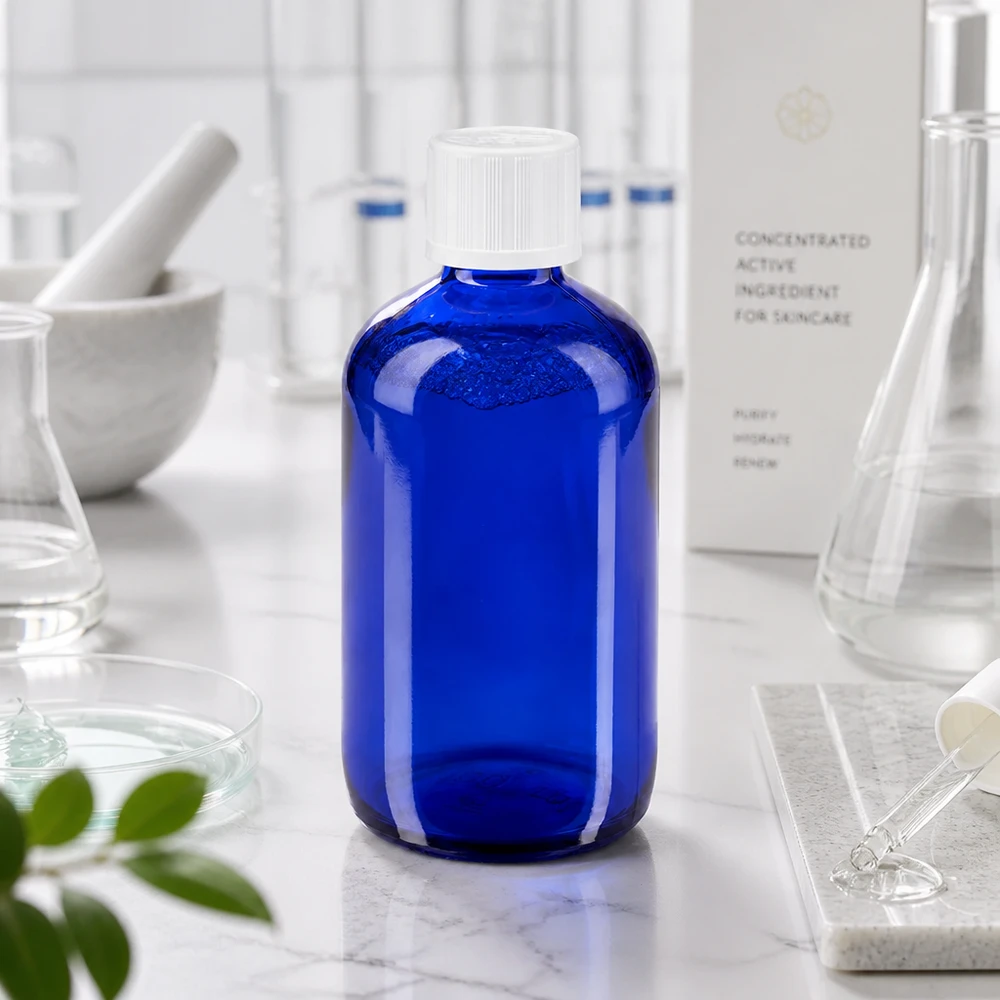 Frasco de farmácia azul 100ml tampa conta-gotas branco padrão de segurança para crianças Frasco de farmácia azul cobalto de 100 ml com tampa de rosca branca sobre uma base de mármore no laboratório
