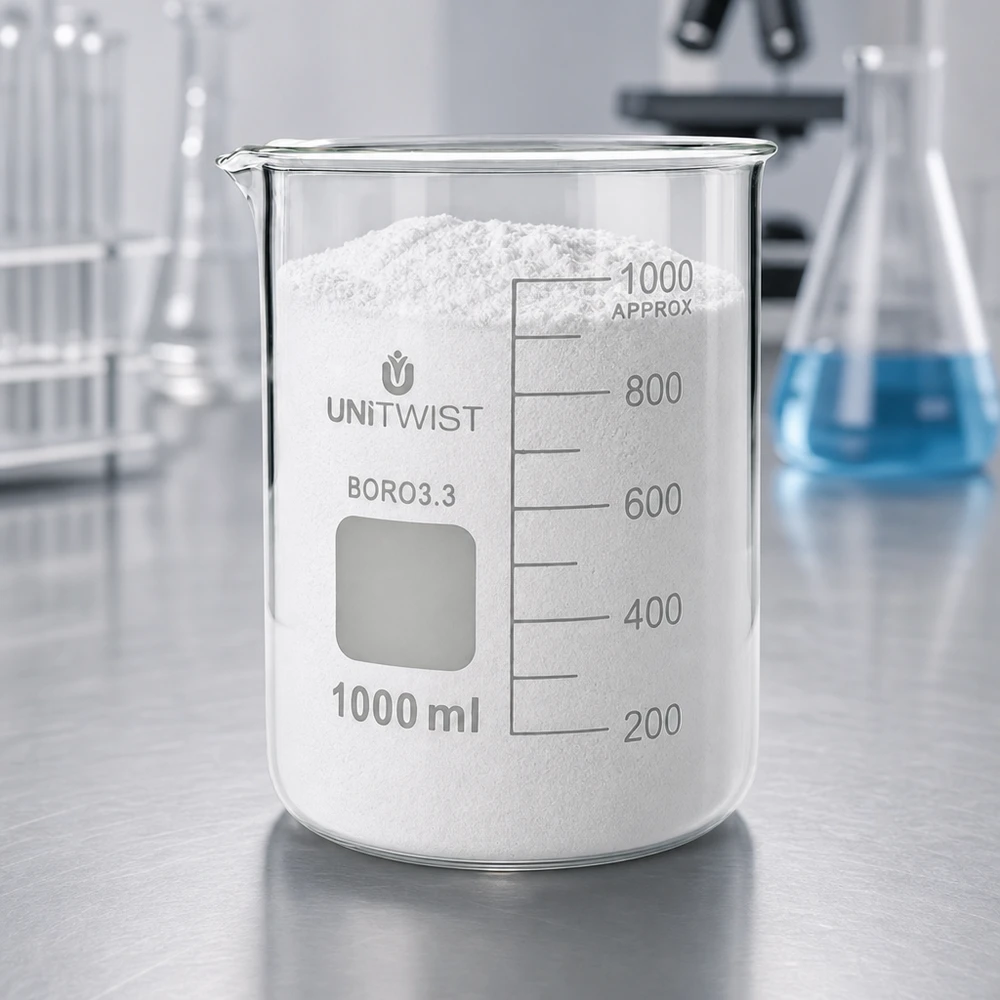 Copo de vidro UNiTWIST de 1000 ml, de borossilicato, de formato baixo, cheio de pó branco no laboratório