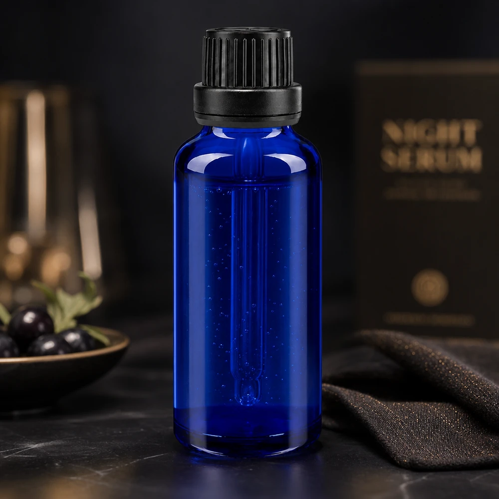 Elegante frasco conta-gotas de 30 ml em vidro farmacêutico azul cobalto com tampa de rosca estriada na cor preta