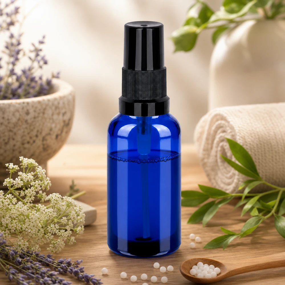 Prático frasco pulverizador de 30 ml em vidro azul com cabeça pulverizadora preta robusta para misturas de aromas