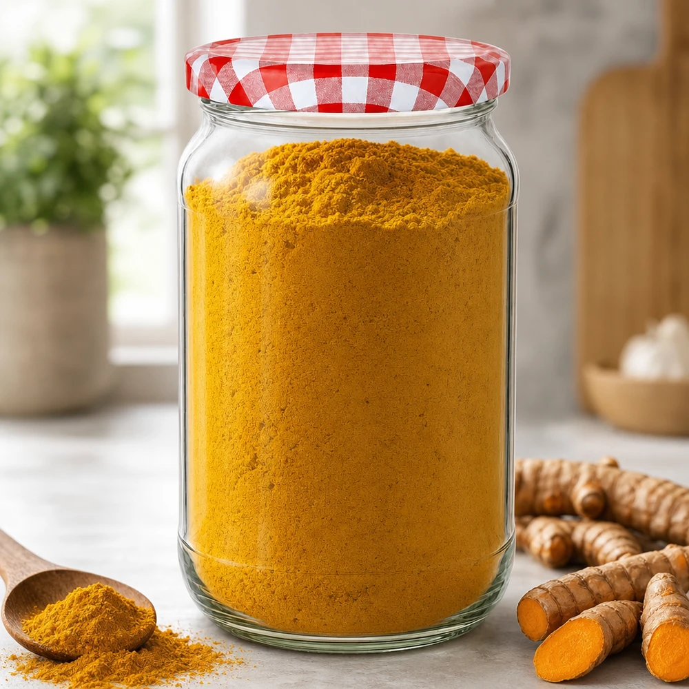 Frasco redondo de 1062 ml + tampa BasicSeal vermelha/branca UNiTWIST Frasco redondo de 1062 ml com tampa BasicSeal cheio de curcuma em pó ao lado de raízes frescas de curcuma numa cozinha moderna