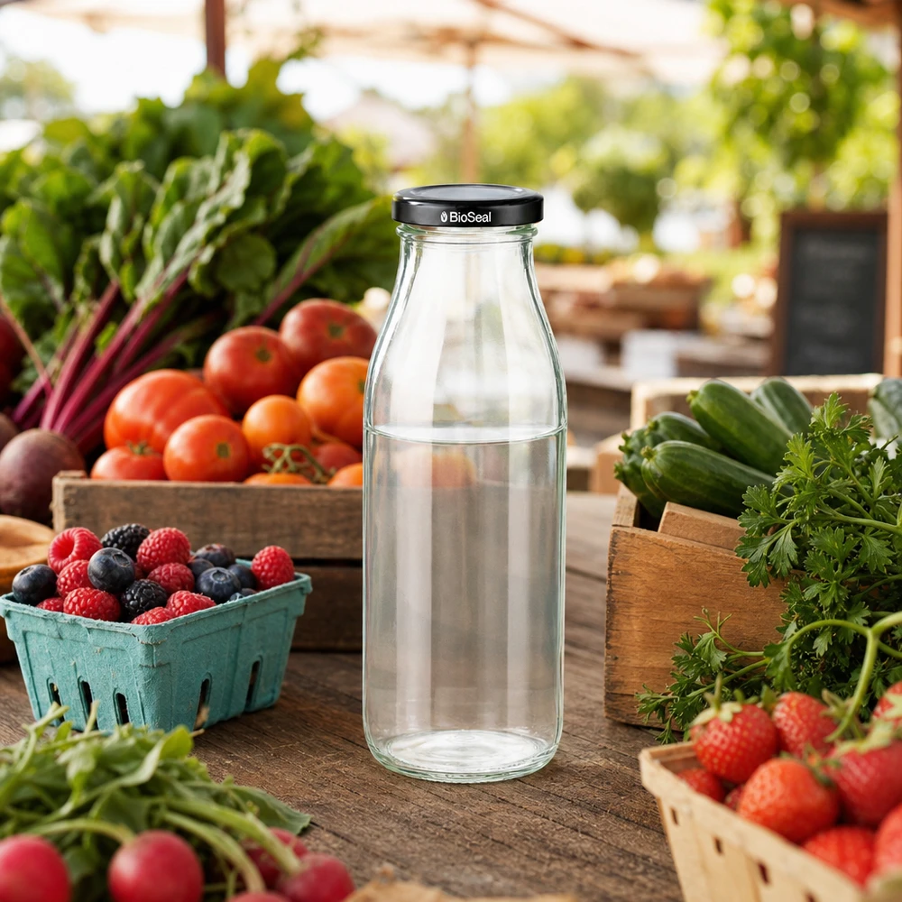 500ml Glasflasche mit BioSeal Deckel zwischen frischem Marktgemüse Beeren und Kräutern in natürlicher Umgebung