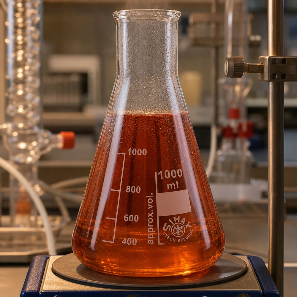 Erlenmeyer 100 ml de gargalo largo com produto químico vermelho na balança de laboratório para análise quantitativa