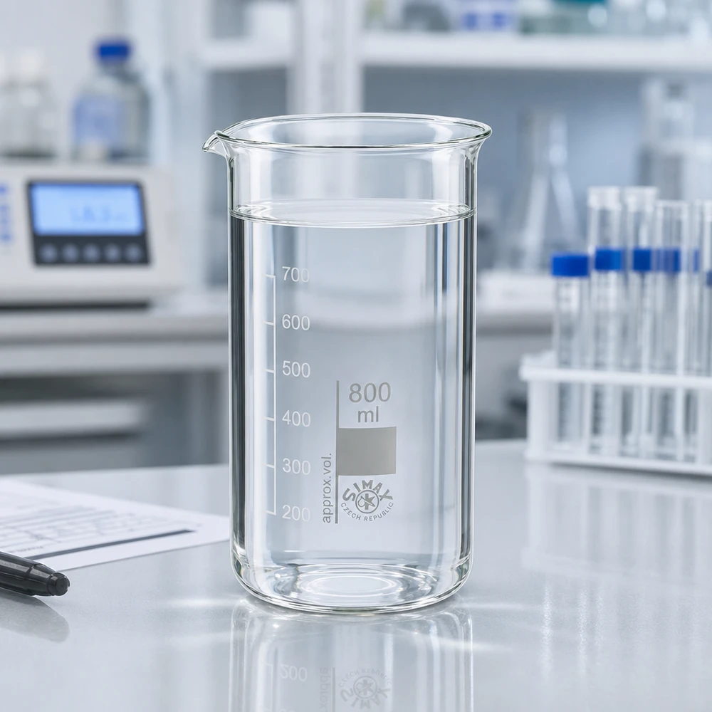 Béquer 800ml de vidro de borosilicato, forma alta Copo de vidro de 800 ml, de formato alto, com um líquido transparente até ao nível de 700 ml, sobre uma mesa de laboratório branca