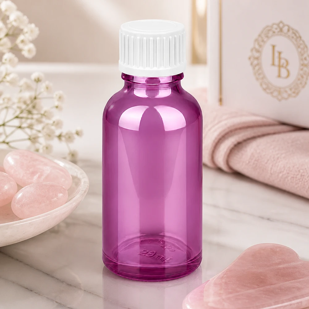 Recipiente de vidro de 30 ml em violeta transparente com tampa de rosca canelada para produtos líquidos