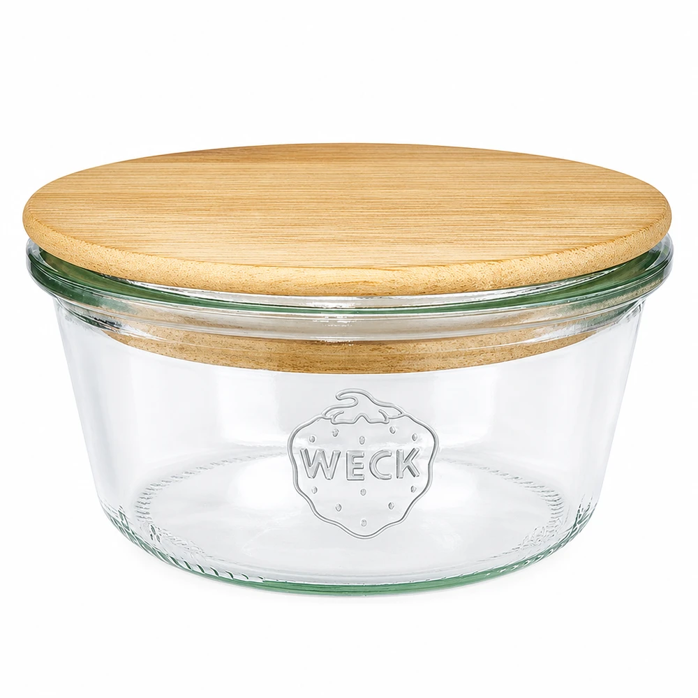 290ml Sturzglas niedrig WECK RR100 mit Holzdeckel Copos WECK 290ml RR100 baixo com tampa redonda de madeira feita de bambu, frasco de conserva com o logótipo WECK em fundo branco