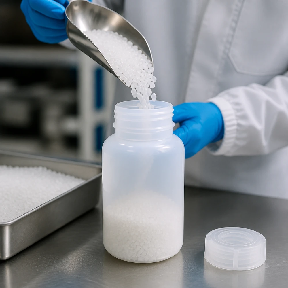 250ml Laborflasche Weithals mit Schraubverschluss Befüllung einer 250ml HDPE Weithalsflasche mit Granulat auf Edelstahloberfläche im Reinraum
