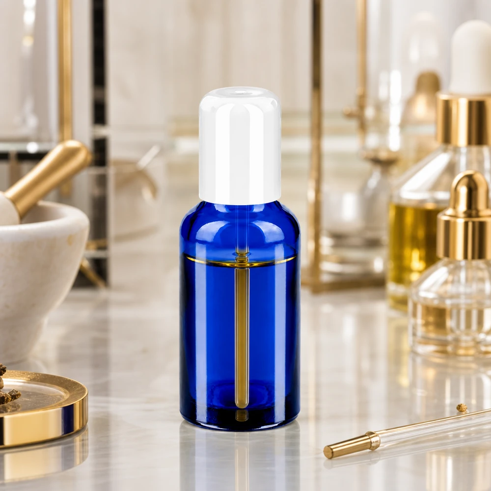 Elegante frasco roll-on de 30 ml em vidro cobalto com proteção UV e tampa standard branca