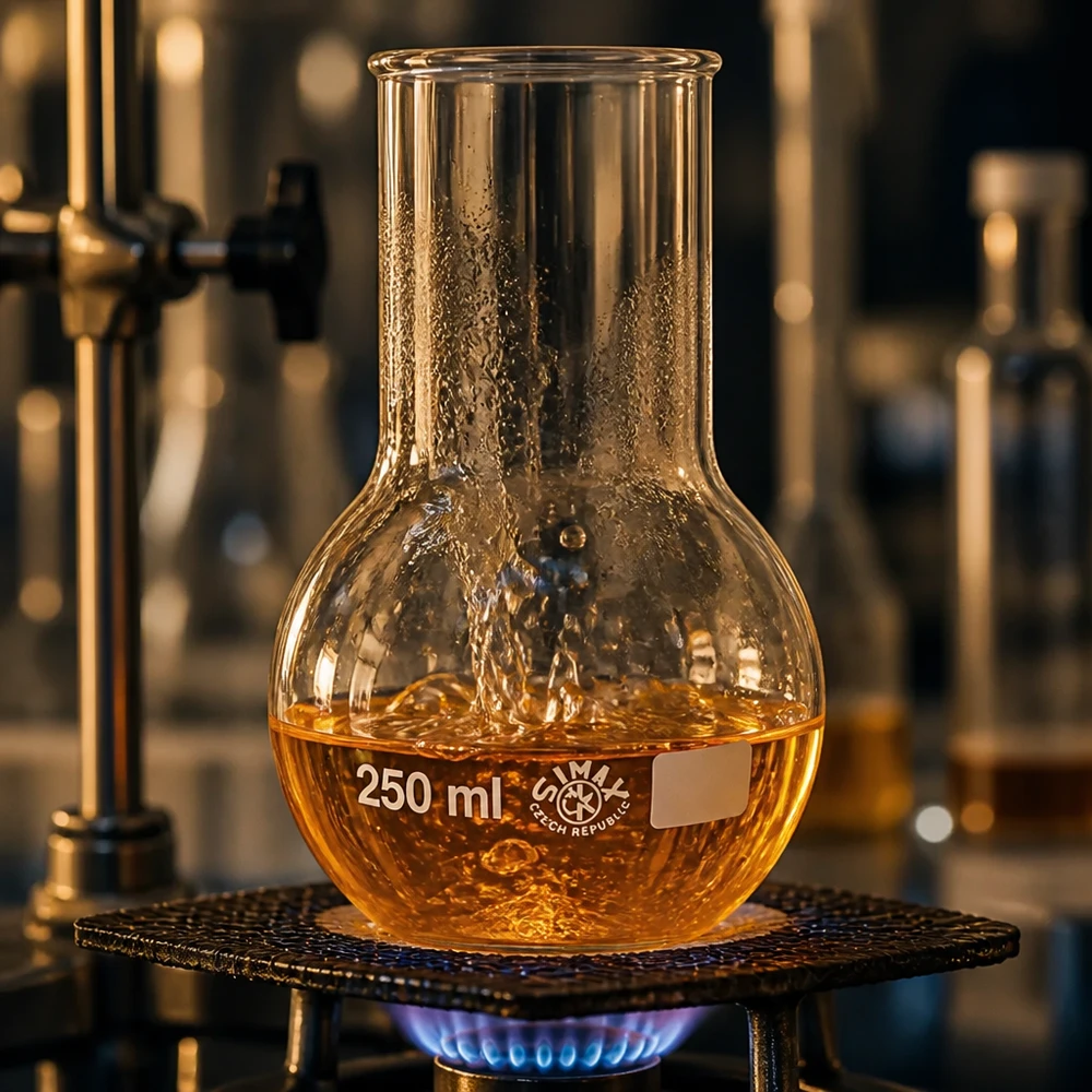 Balão vertical de 250 ml com líquido dourado no queimador para processos de destilação no laboratório