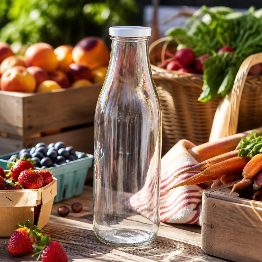 Garrafa de vidro de 1000 ml vazia BasicSeal tampa branca banca de mercado fruta fresca legumes bagas cenouras cenário exterior