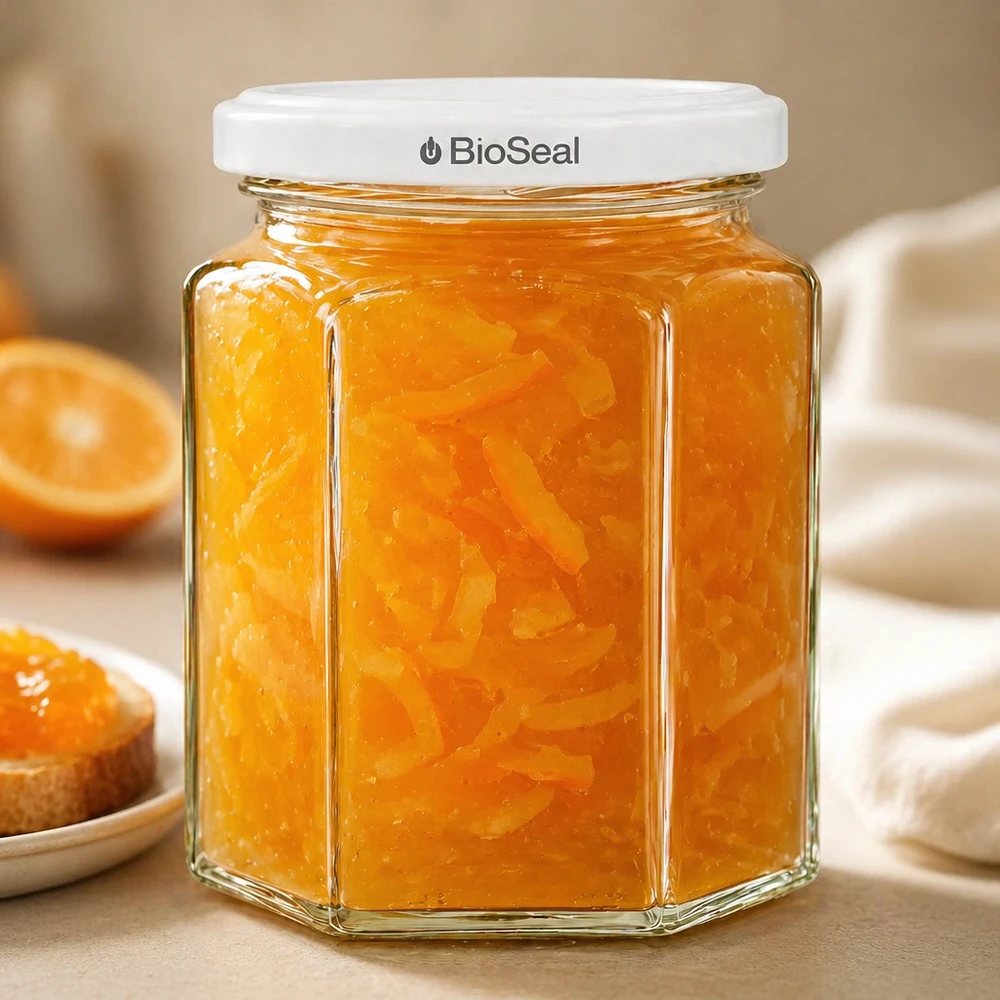 Frasco Hexa de 288 ml com tampa BioSeal branca UNiTWIST Frasco de compota UNiTWIST Hexa288 cheio de marmelada de laranja e tampa TO63 BioSeal branca junto a uma torrada
