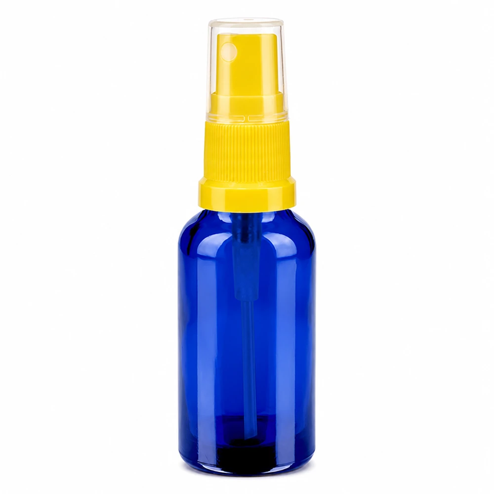 Frasco de spray de 30 ml em vidro azul com bomba atomizadora amarela para cosméticos e óleos essenciais